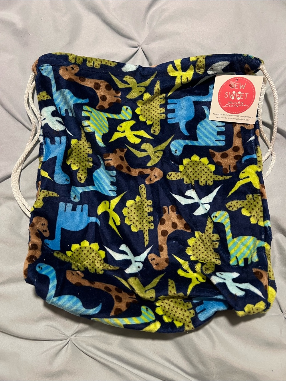 Kids Plush Drawstring Backpack - Navy Blue Dinosaur Print